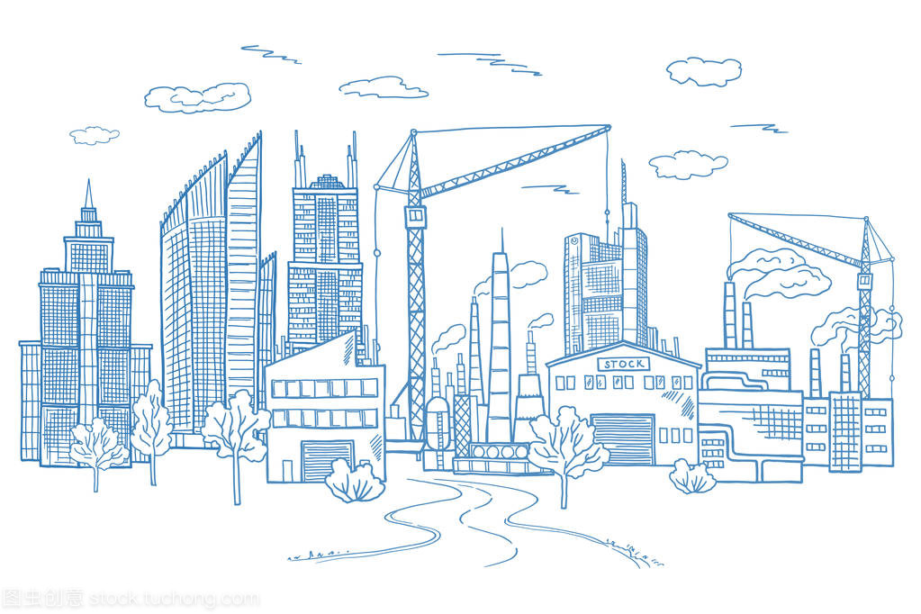 不同建筑的大城市景观。矢量手绘制的插图